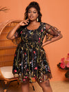 SXY Plus Floral Embroidery Contrast Mesh Flounce Sleeve Dress