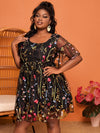 SXY Plus Floral Embroidery Contrast Mesh Flounce Sleeve Dress