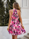 Brush Print Halter Neck Ruffle Hem Belted Dress
