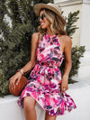 Brush Print Halter Neck Ruffle Hem Belted Dress