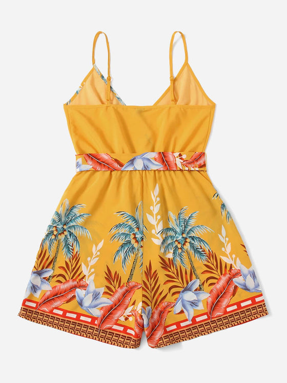 Tropical Print Belted Cami Romper