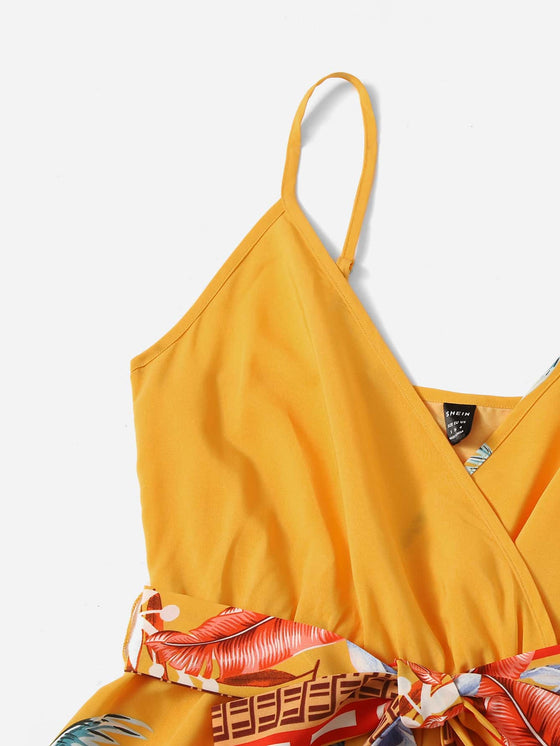 Tropical Print Belted Cami Romper