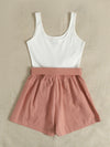 Button Front Colorblock Belted Combo Tank Romper
