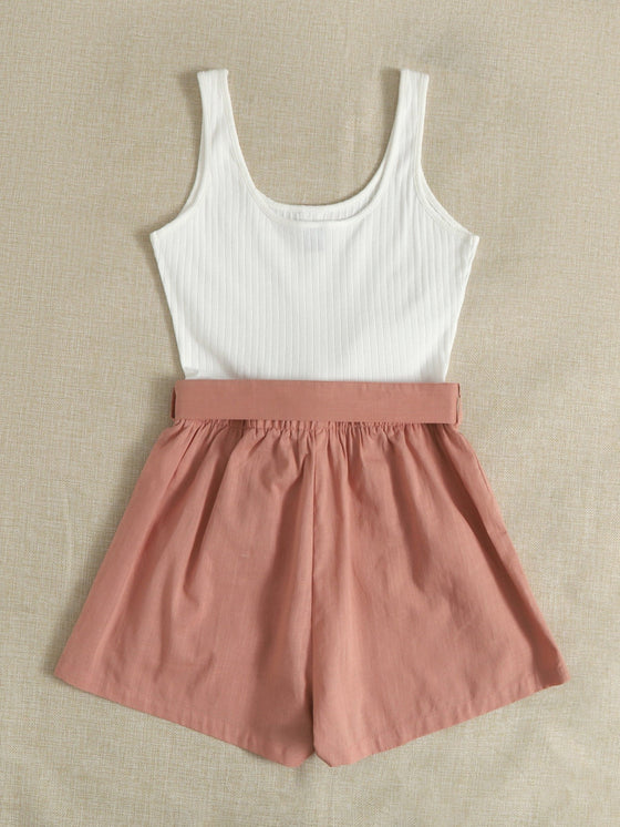Button Front Colorblock Belted Combo Tank Romper