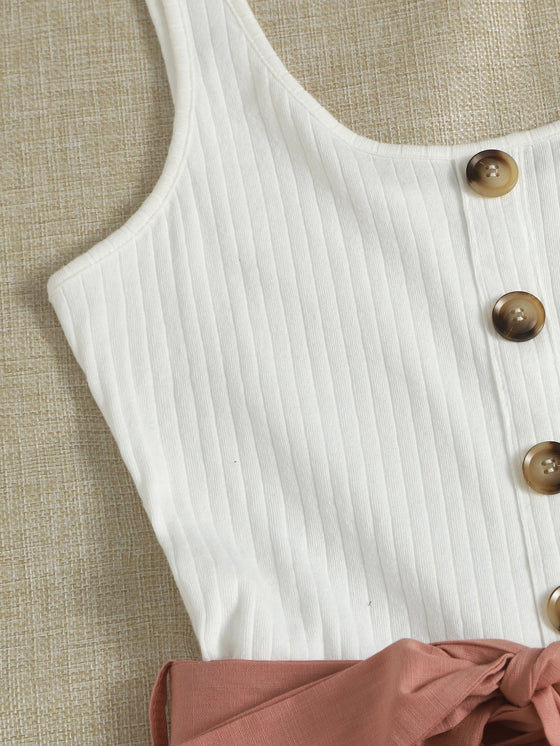 Button Front Colorblock Belted Combo Tank Romper