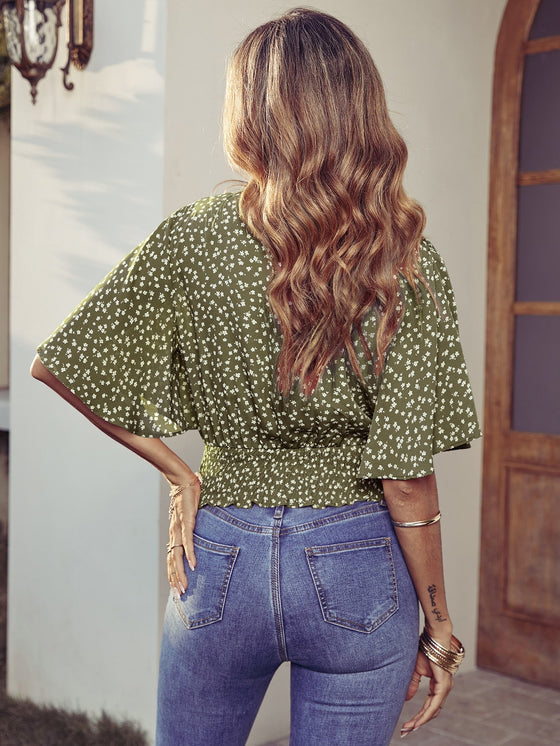 Ditsy Floral Butterfly Sleeve Shirred Blouse