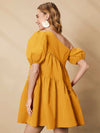 Asymmetrical Neck Puff Sleeve Ruffle Hem Smock Dress