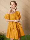 Asymmetrical Neck Puff Sleeve Ruffle Hem Smock Dress
