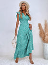 Allover Print Ruffle Trim Shirred Waist Dress