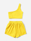 Solid One Shoulder Top Drawstring Shorts Set