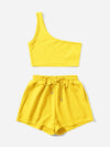 Solid One Shoulder Top Drawstring Shorts Set