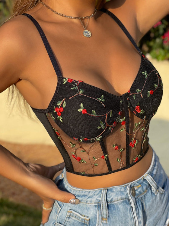 Floral Embroidery Mesh Bustier Cami Top