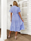 Vertical Striped Notch Neck Fake Buttons Ruffle Hem A line Dress