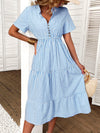 Vertical Striped Notch Neck Fake Buttons Ruffle Hem A line Dress