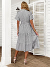 Vertical Striped Notch Neck Fake Buttons Ruffle Hem A line Dress