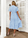 Vertical Striped Notch Neck Fake Buttons Ruffle Hem A line Dress