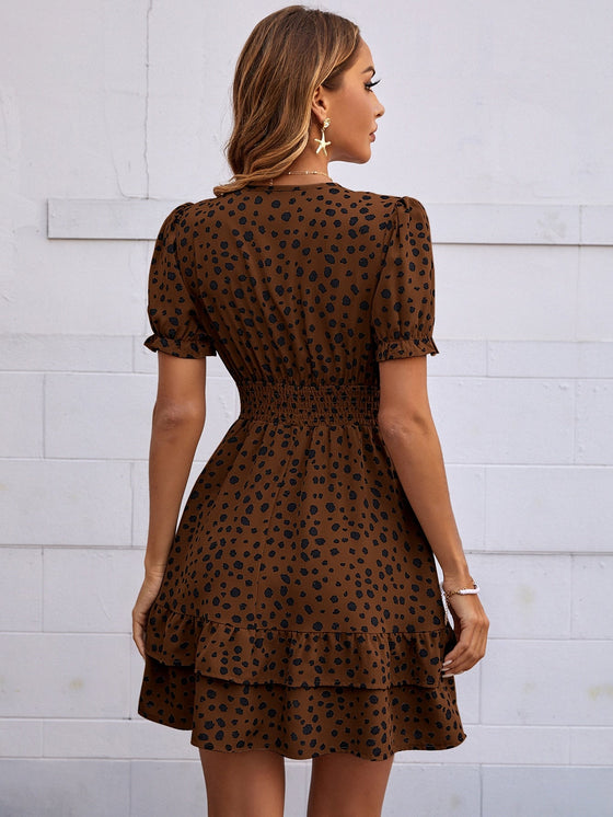 Dalmatian Print Shirred Waist Layered Hem Dress