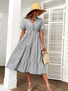 Vertical Striped Notch Neck Fake Buttons Ruffle Hem A line Dress