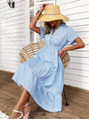 Vertical Striped Notch Neck Fake Buttons Ruffle Hem A line Dress