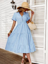 Vertical Striped Notch Neck Fake Buttons Ruffle Hem A line Dress