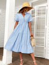Vertical Striped Notch Neck Fake Buttons Ruffle Hem A line Dress