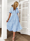 Vertical Striped Notch Neck Fake Buttons Ruffle Hem A line Dress