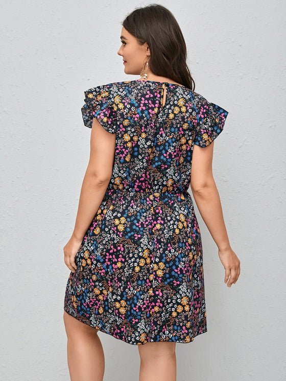 Plus Floral Print Ruffle Sleeve Dress