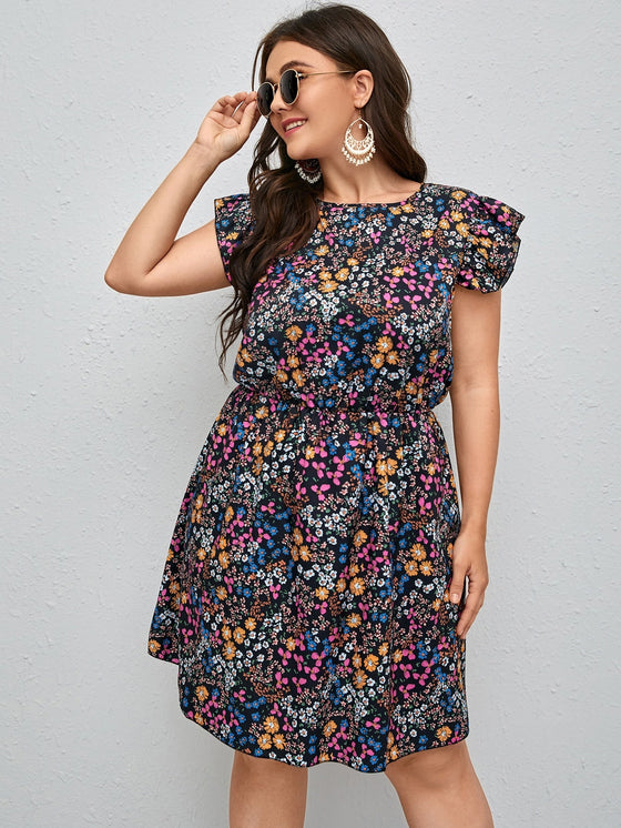 Plus Floral Print Ruffle Sleeve Dress