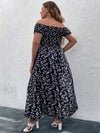 Plus Off Shoulder Shirred Split Ditsy Floral Dress