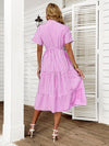 Vertical Striped Notch Neck Fake Buttons Ruffle Hem A line Dress