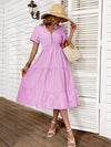 Vertical Striped Notch Neck Fake Buttons Ruffle Hem A line Dress