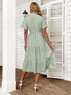 Vertical Striped Notch Neck Fake Buttons Ruffle Hem A line Dress