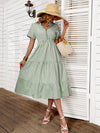 Vertical Striped Notch Neck Fake Buttons Ruffle Hem A line Dress