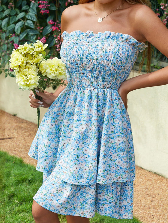 Shirred Bodice Layered Allover Floral Tube Dress