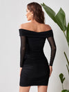 Off Shoulder Ruched Mesh Bodycon Dress