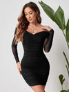 Off Shoulder Ruched Mesh Bodycon Dress