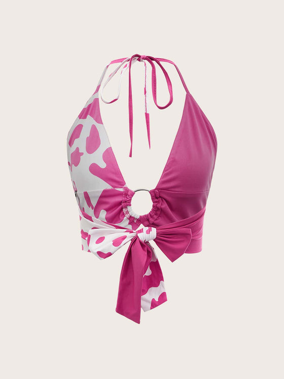 Cow Print O ring Ruched Tie Backless Crop Halter Top