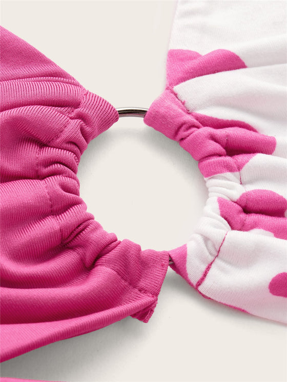 Cow Print O ring Ruched Tie Backless Crop Halter Top