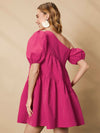Asymmetrical Neck Puff Sleeve Ruffle Hem Smock Dress