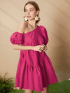 Asymmetrical Neck Puff Sleeve Ruffle Hem Smock Dress