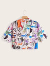 Plus Abstract Figure Print Lapel Neck Crop Blouse