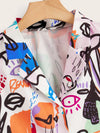 Plus Abstract Figure Print Lapel Neck Crop Blouse