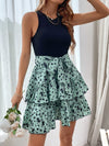 Floral Colorblock Layered Hem Belted Tank Dress