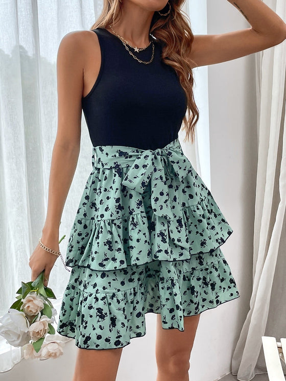 Floral Colorblock Layered Hem Belted Tank Dress