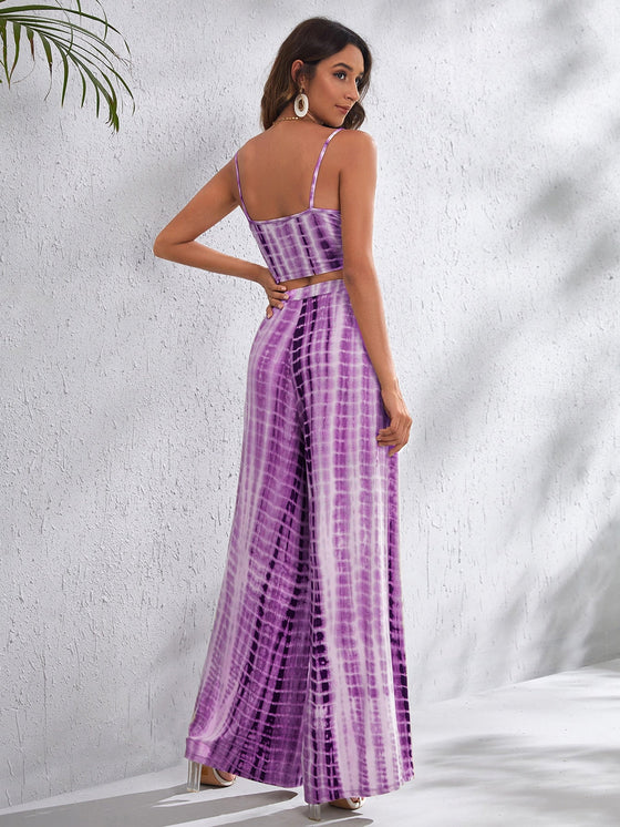 Tie Dye Crop Cami Top Wrap Split Thigh Palazzo Pants Set