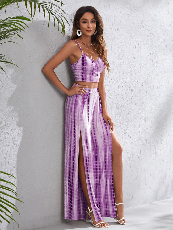 Tie Dye Crop Cami Top Wrap Split Thigh Palazzo Pants Set