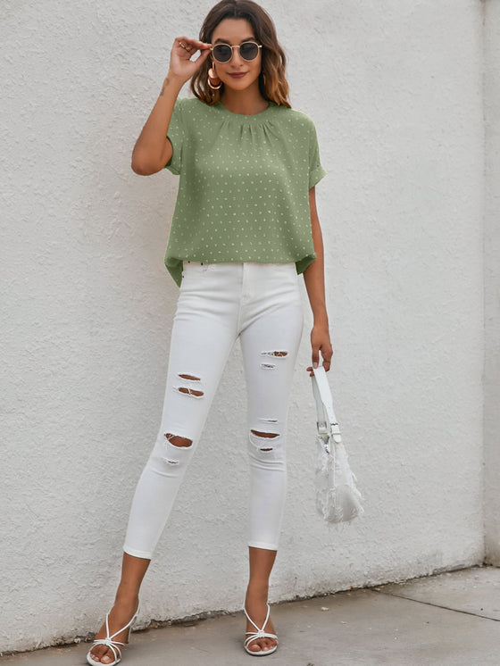 Solid Swiss Dot Keyhole Back Batwing Sleeve Blouse