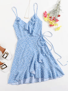  Allover Heart Print Ruffle Detail Wrap Cami Dress