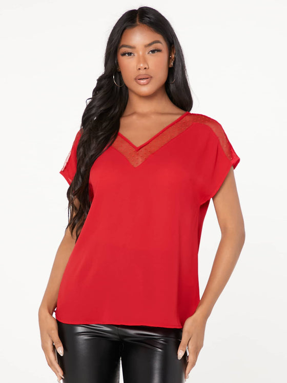 Dobby Mesh Insert Batwing Sleeve Top