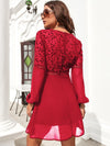 Guipure Lace Insert Lantern Sleeve Chiffon Dress